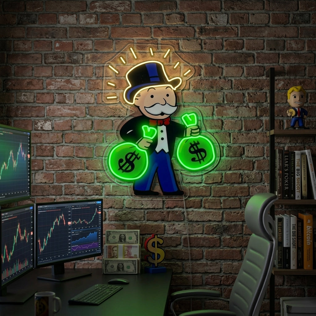 "Monopolyman Met Geldtas" Neon Verlichting