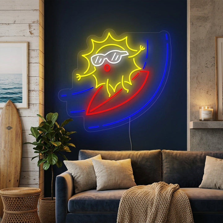 "Cartoon Zon Op Surfplank" Neon Verlichting