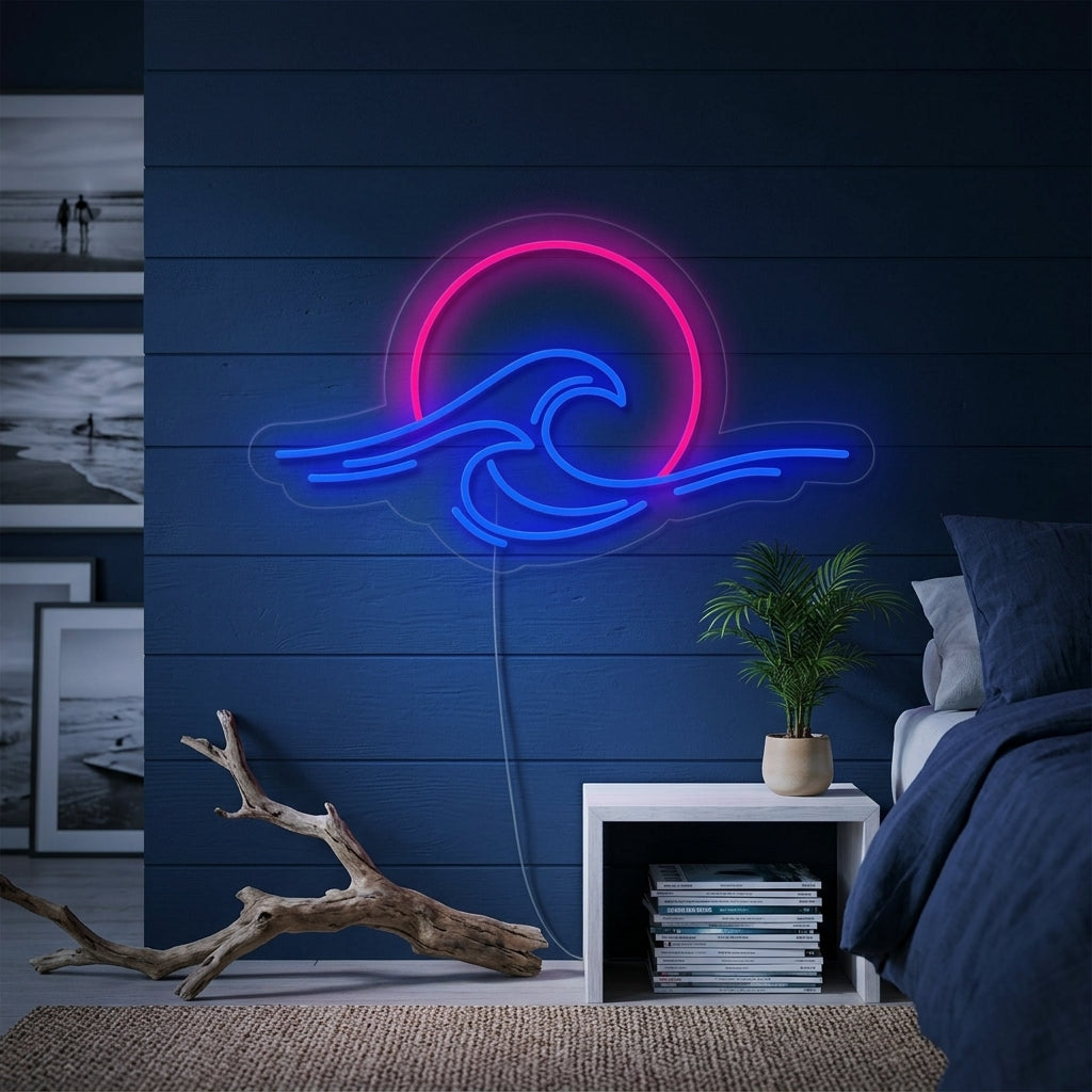Blauwe golf met roze zonsondergang LED neon