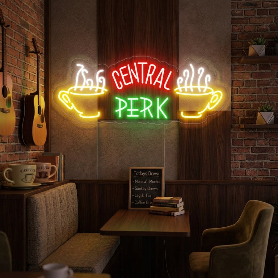 Central Perk neon LED-bord met koffiekopjes, iconisch design voor cafés en fanruimtes.