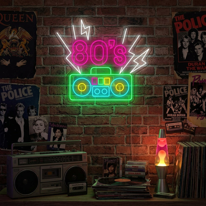 "80's belettering met cassettespeler" Neonbord