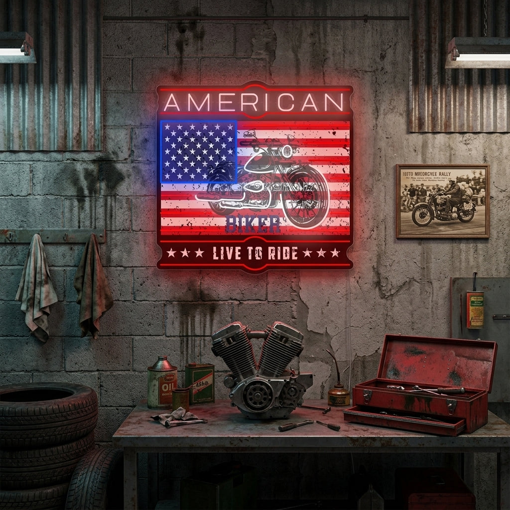"American Biker Live To Ride" Neonbord