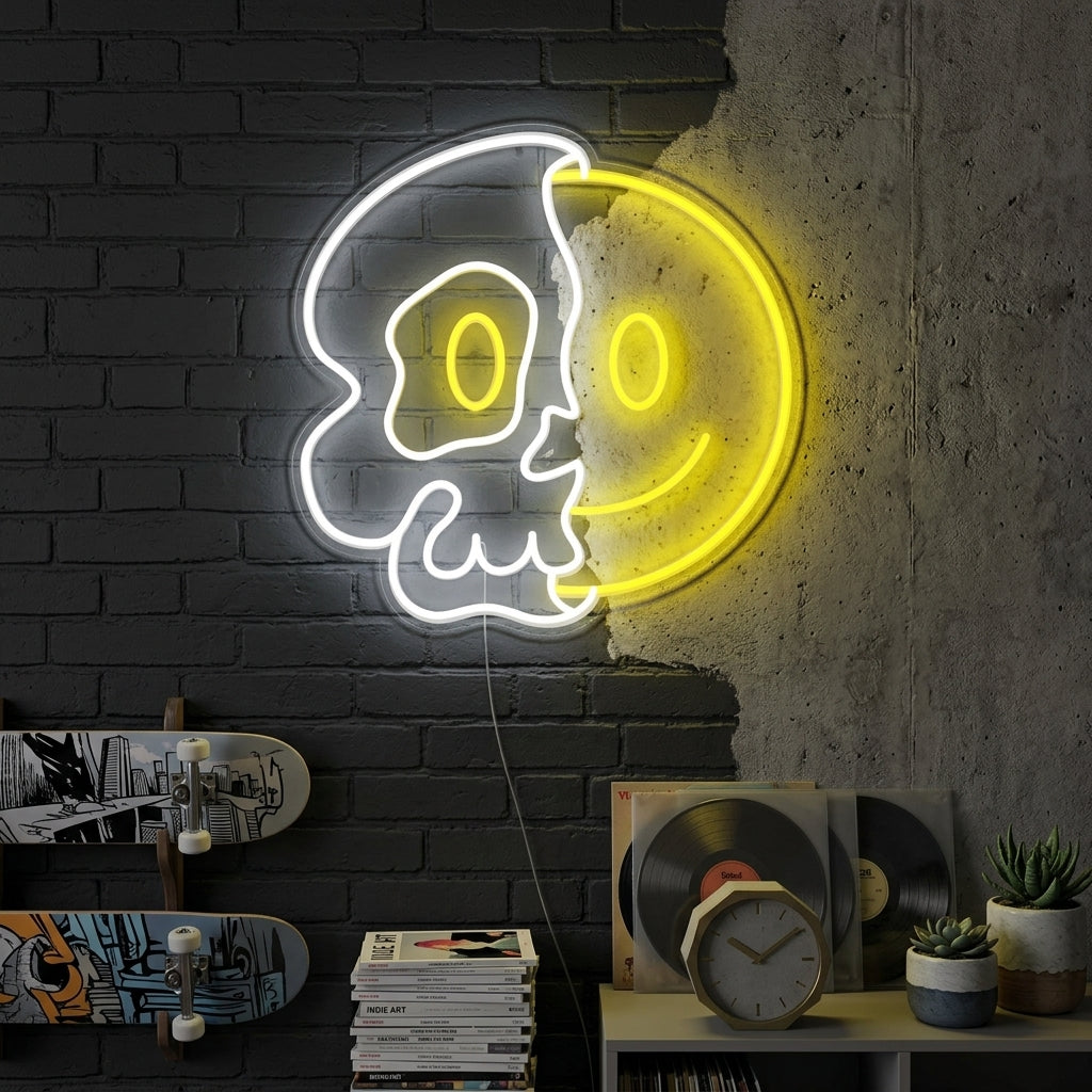 "Halve Schedel Met Lachend Gezicht UV Print" Neon Verlichting