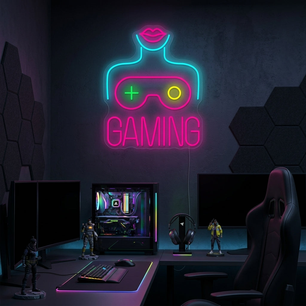 neon vrouwensilhouet met gamecontroller en tekst GAMING