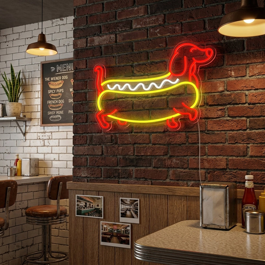 neon lamp van een teckel in hotdogvorm
