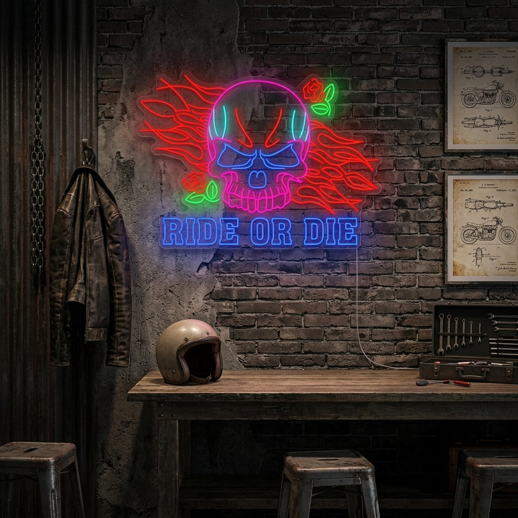 "Ride Or Die belettering en schedel" Neonbord
