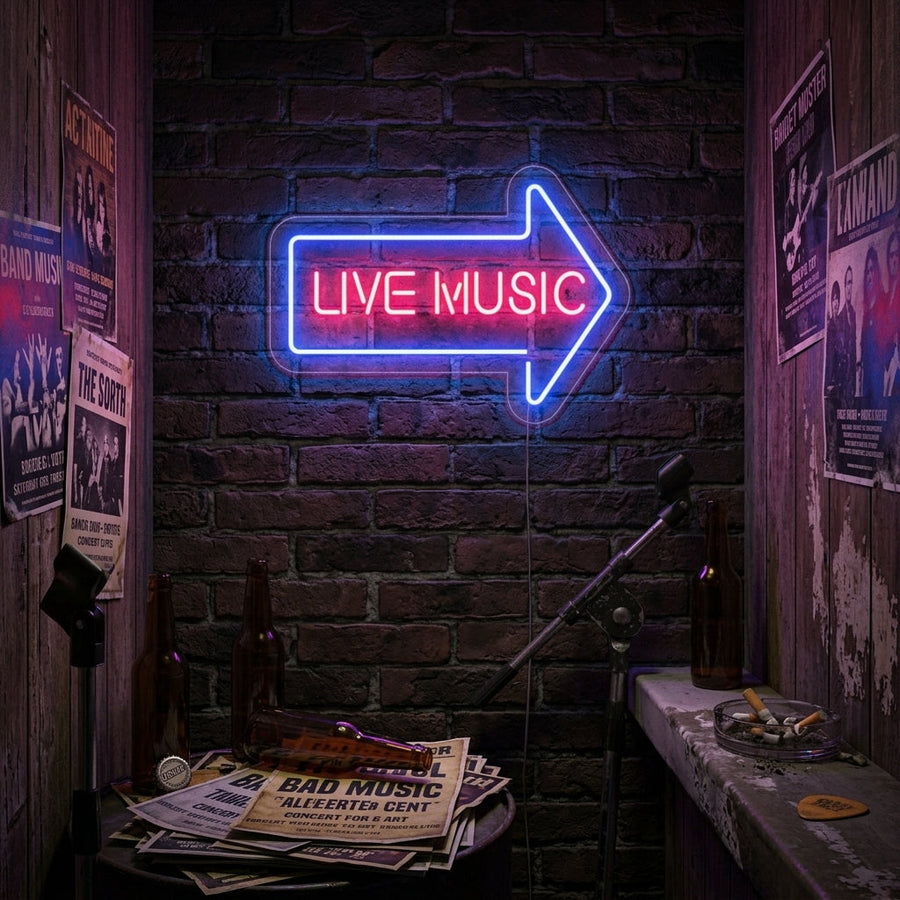 Neon LED-bord “Live Music” met blauwe pijl, decoratieve bewegwijzering voor bar of pub.