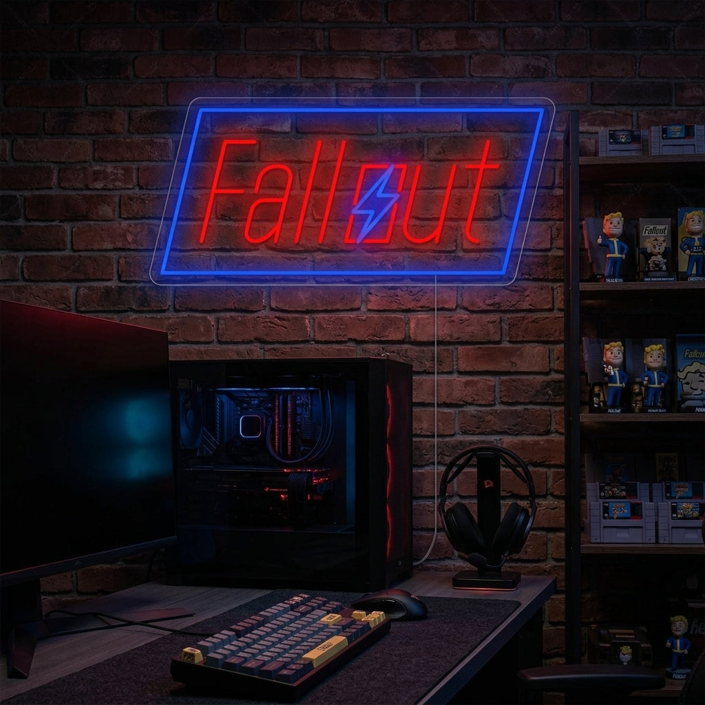 neon tekst Fallout met blauw frame en bliksemsymbool