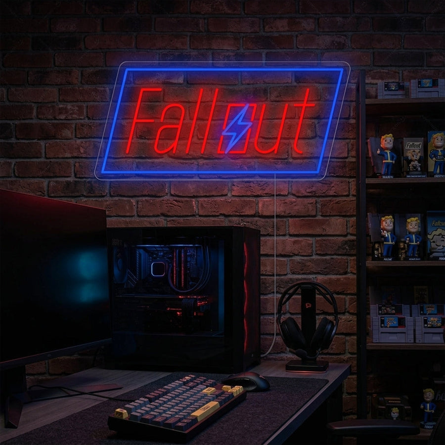 neon tekst Fallout met blauw frame en bliksemsymbool