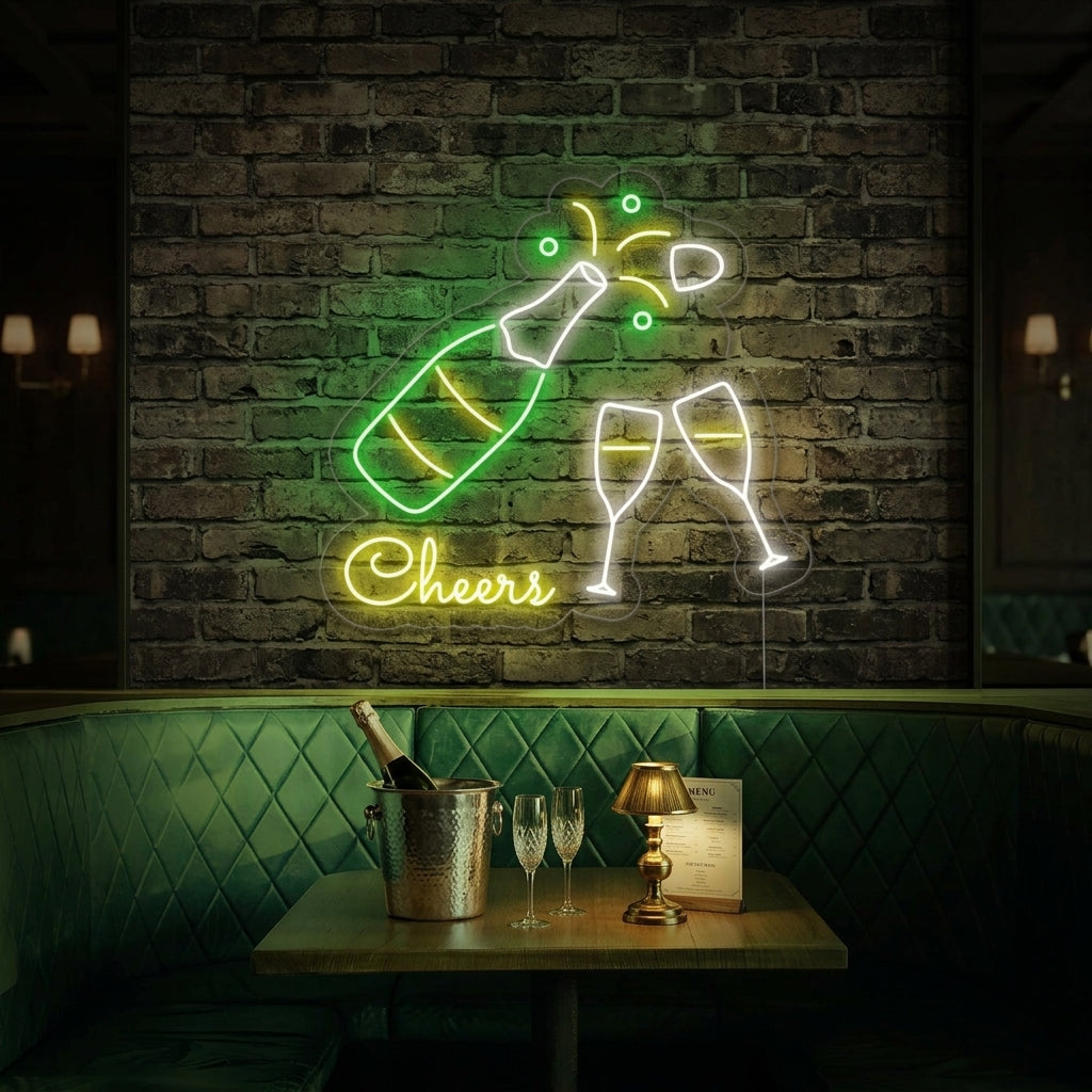 "Champagnefles, Champagneglazen, Cheers" Neon Verlichting