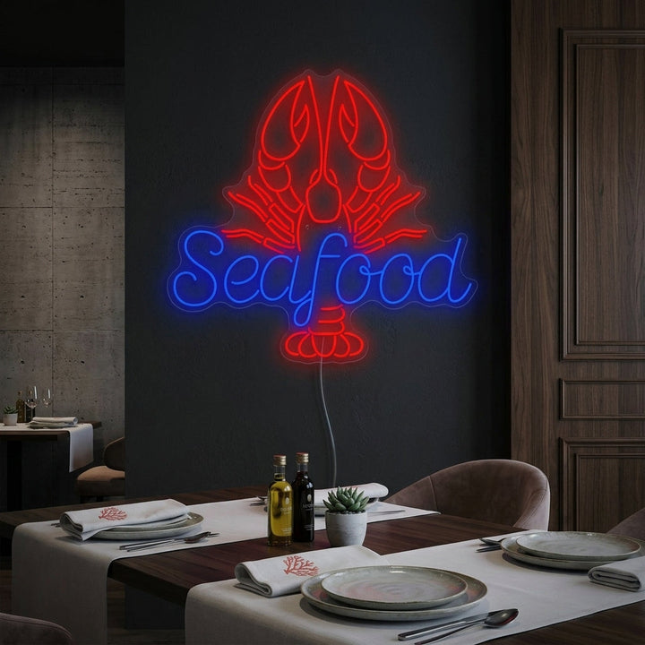 Neon LED-bord “Seafood” met rode garnaal, nautische decoratie.