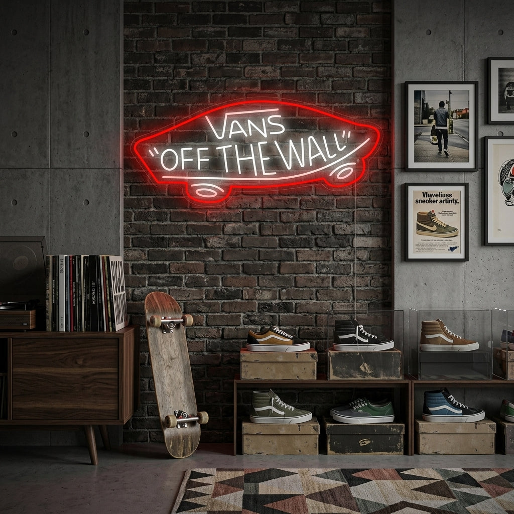 Neon LED-bord Vans “Off The Wall” in skateboardvorm, urban decoratie voor kamer of shop.