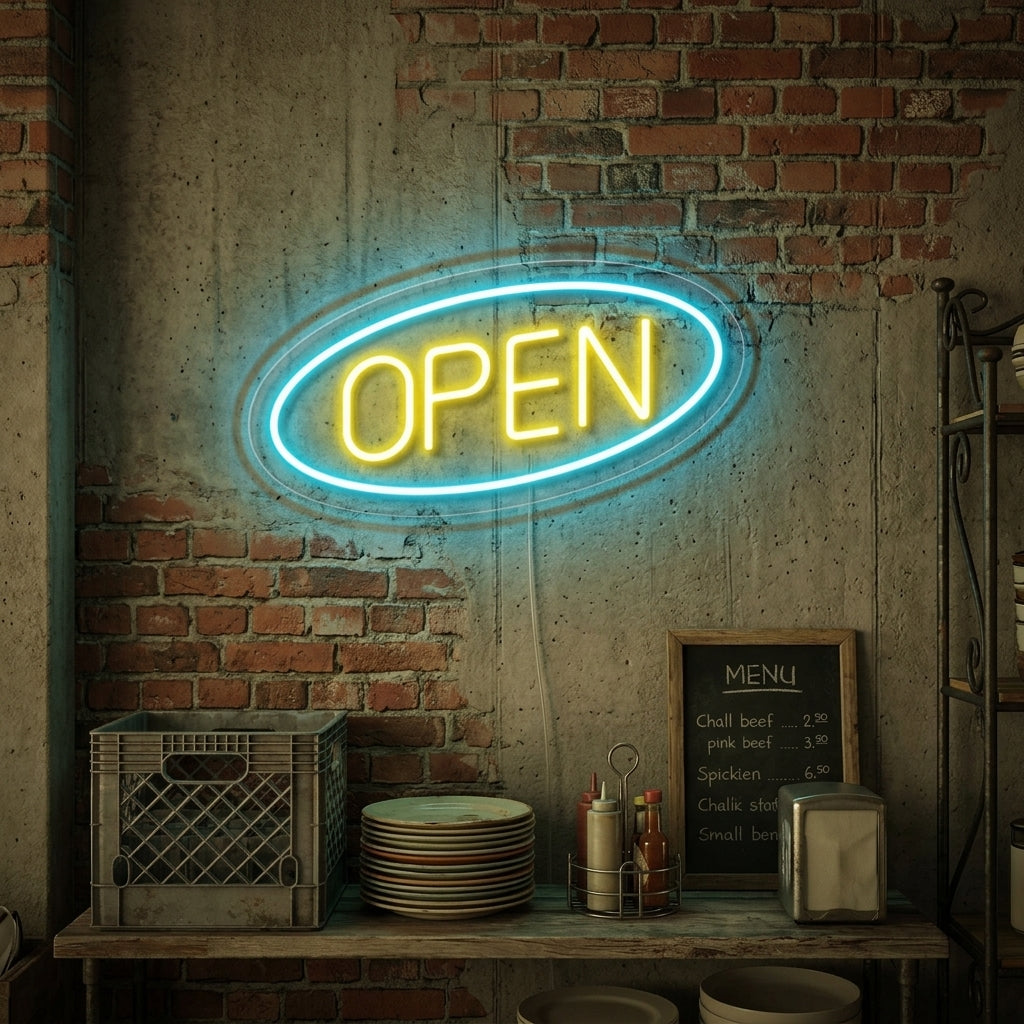 OPEN tekst LED neon bord geel blauw