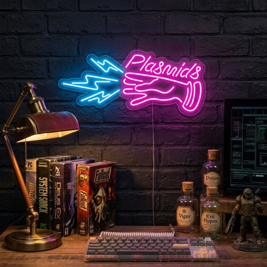 Plasmids neon met bliksem en hand