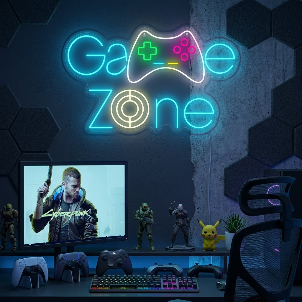 Neon LED “Game Zone” controllerbord, gameroomverlichting.