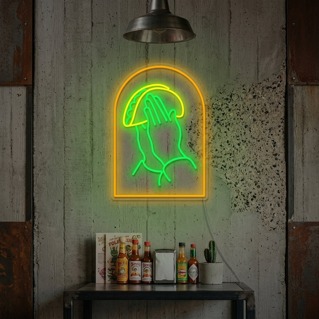 "Biddende handen met taco's" Neonbord