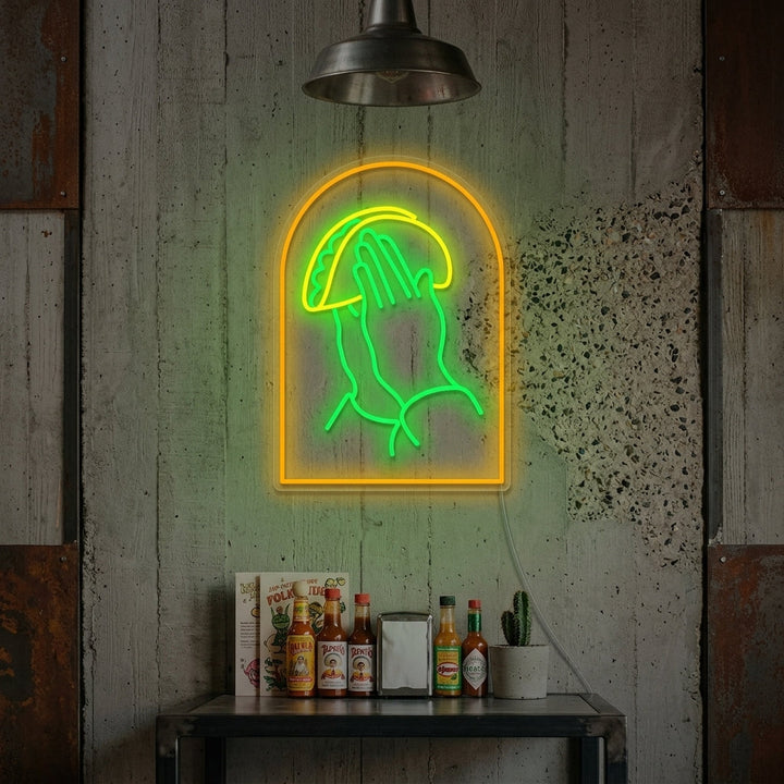 "Biddende handen met taco's" Neonbord