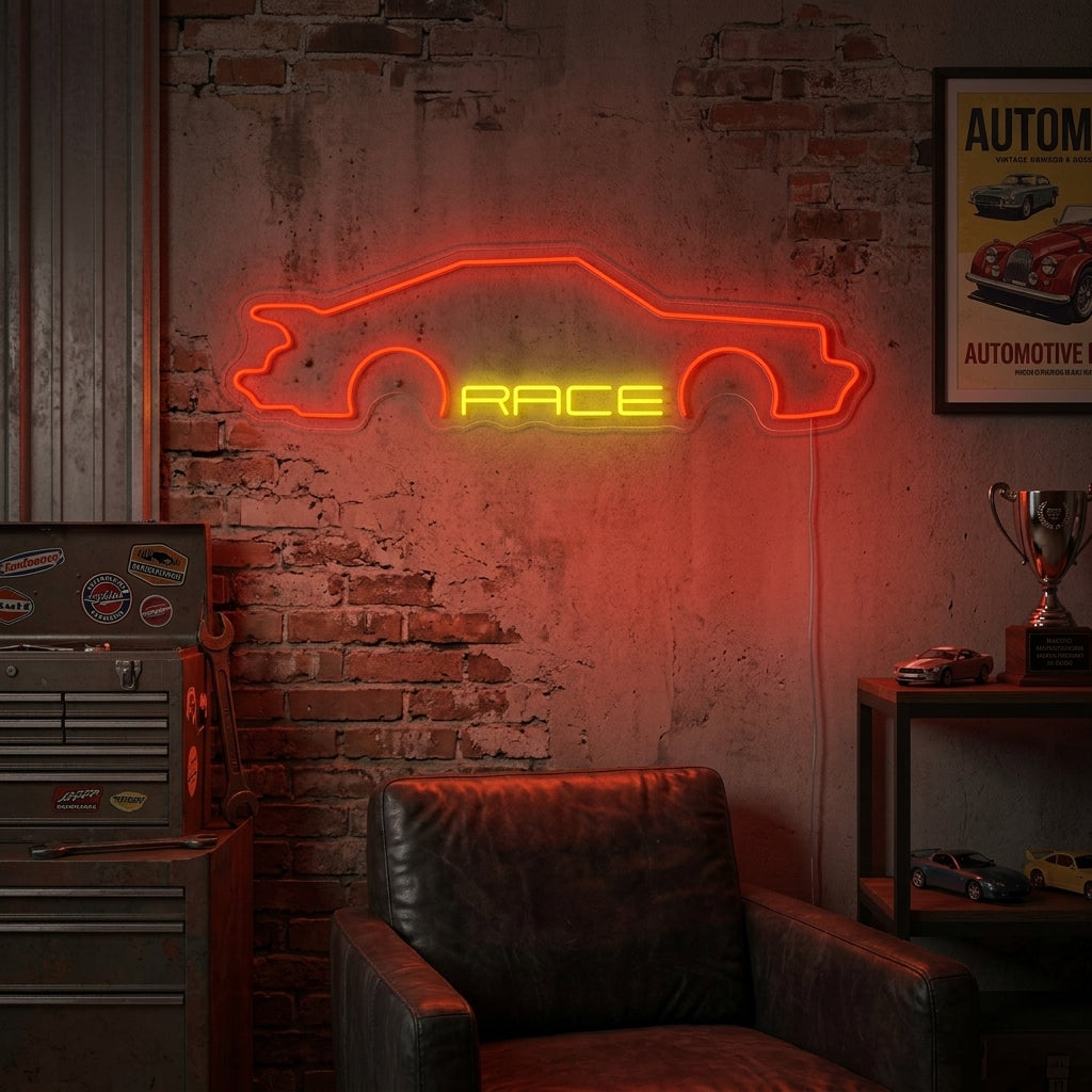 Neon LED-bord van sportwagenprofiel met tekst “RACE”, racingdecoratie voor garage.