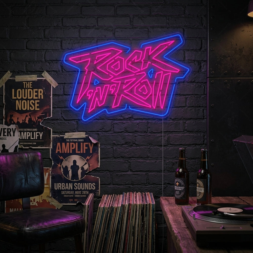 Neon LED “Rock ’n’ Roll” roze-blauw bord, muziekdecoratie.