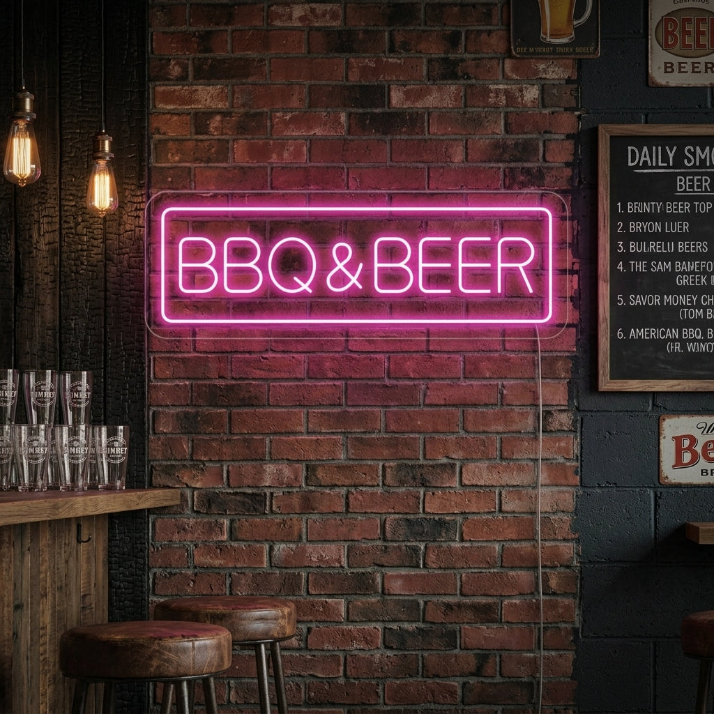 BBQ & BEER tekst roze LED neon