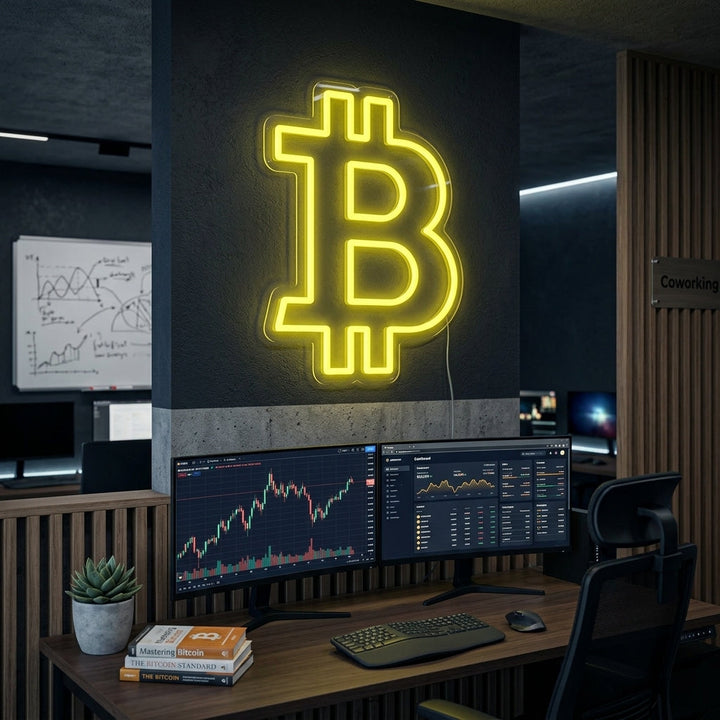 Geel neon LED-bord Bitcoin-logo, techdecoratie.