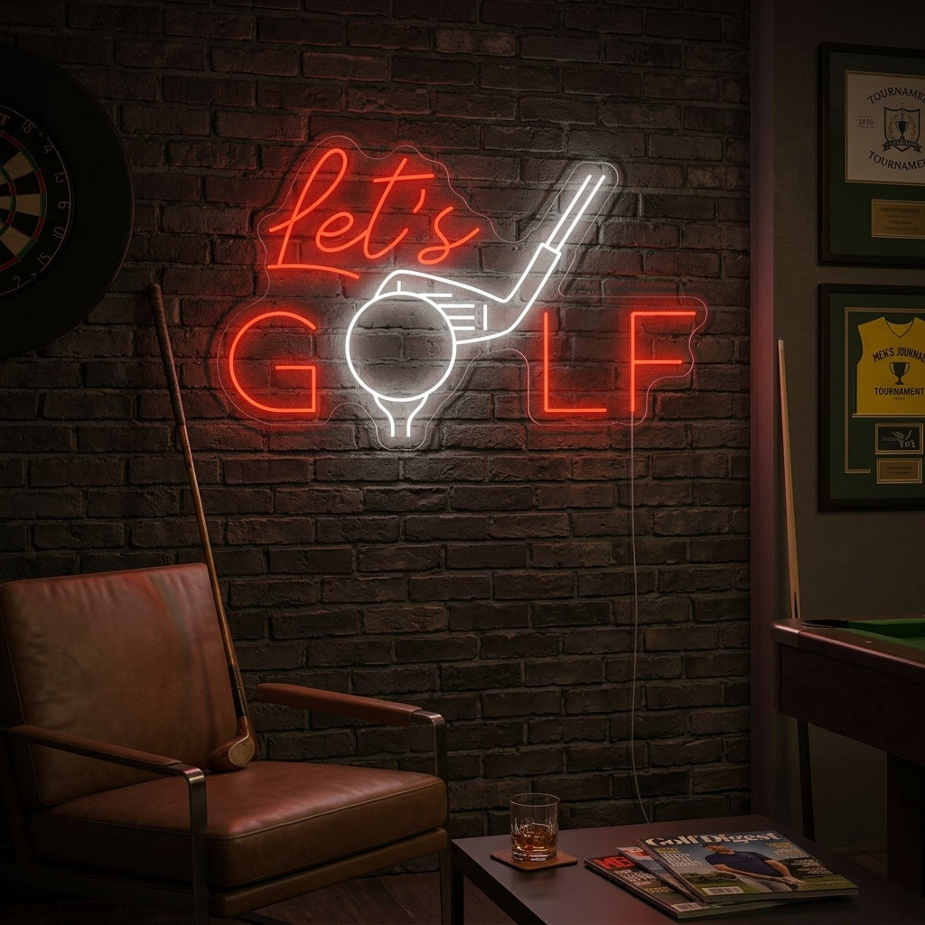 neon golfclub met tekst let’s golf