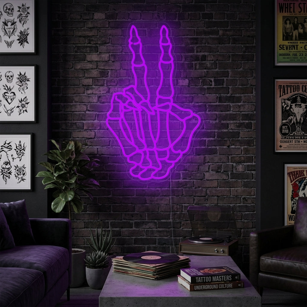 "Skelet Schedel Hand Maakt Vredesgebaar" Neon Verlichting
