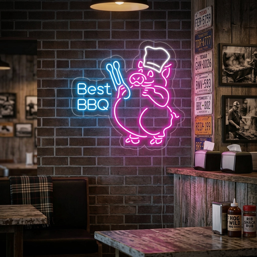 BBQ varkentje met tekst LED neon roze blauw