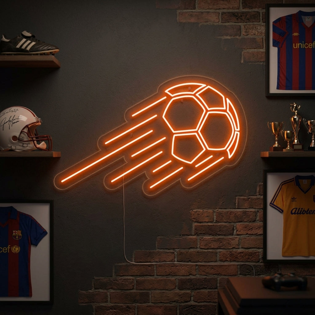 Bewegend voetbal in neon LED-stijl, witte en gele lijnen voor sportkamers of bars.