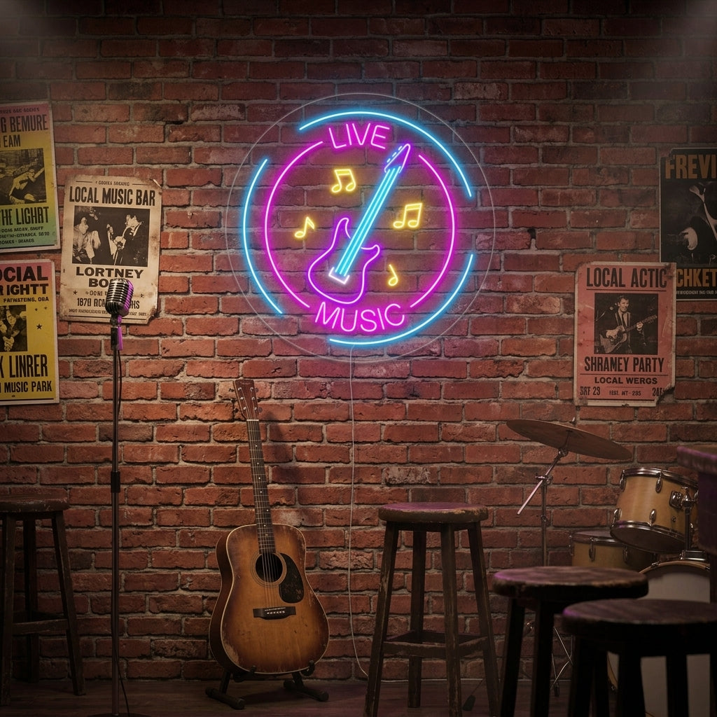 "Live Music, Muzieknoten, Gitaar" Neon Verlichting