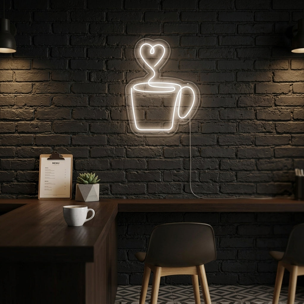 Witte koffiekop met hartvormige stoom LED neon