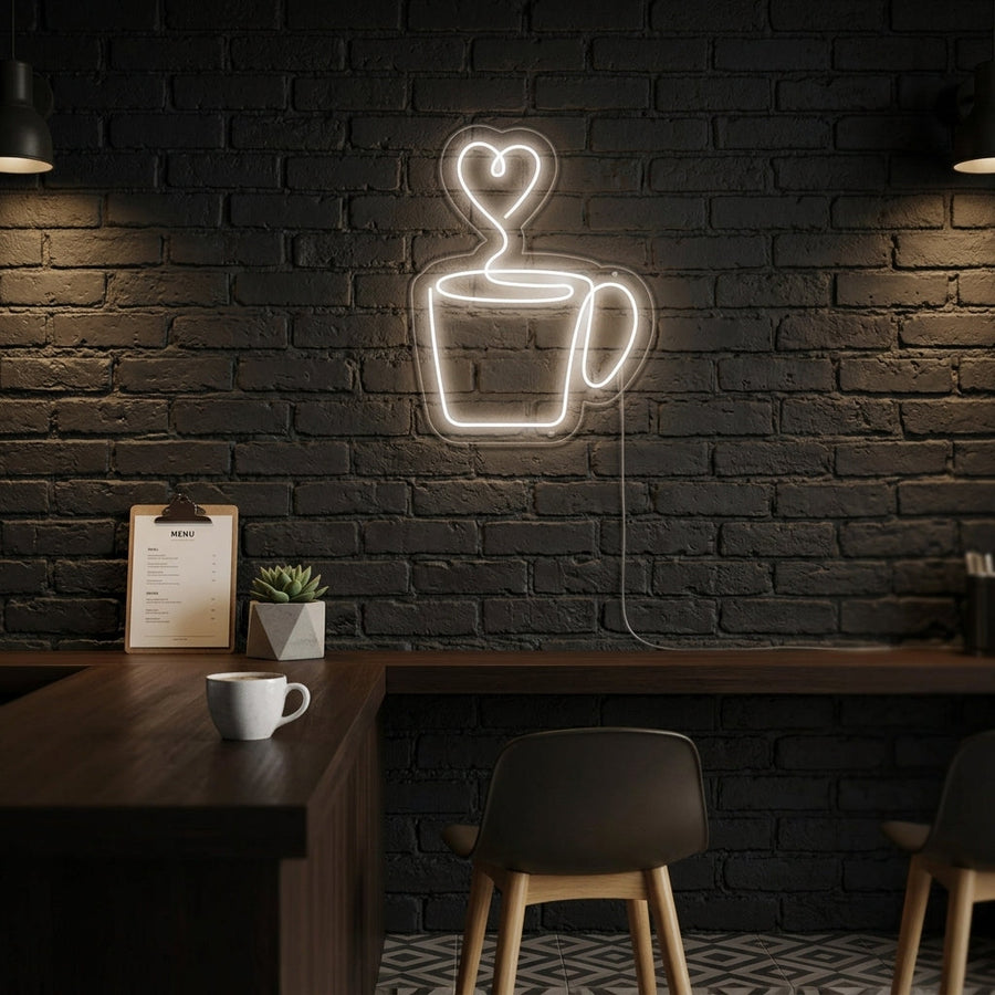 Witte koffiekop met hartvormige stoom LED neon