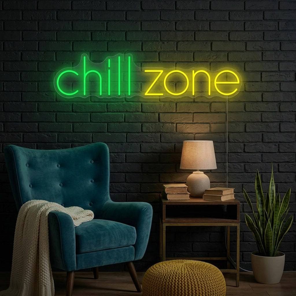 Neon LED “Chill Zone” groen-geel bord, relaxdecoratie.