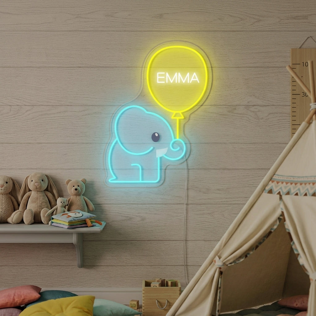 "Aangepaste Naam Met Olifant En Ballon, Kinderkamer Decor" Neon Verlichting