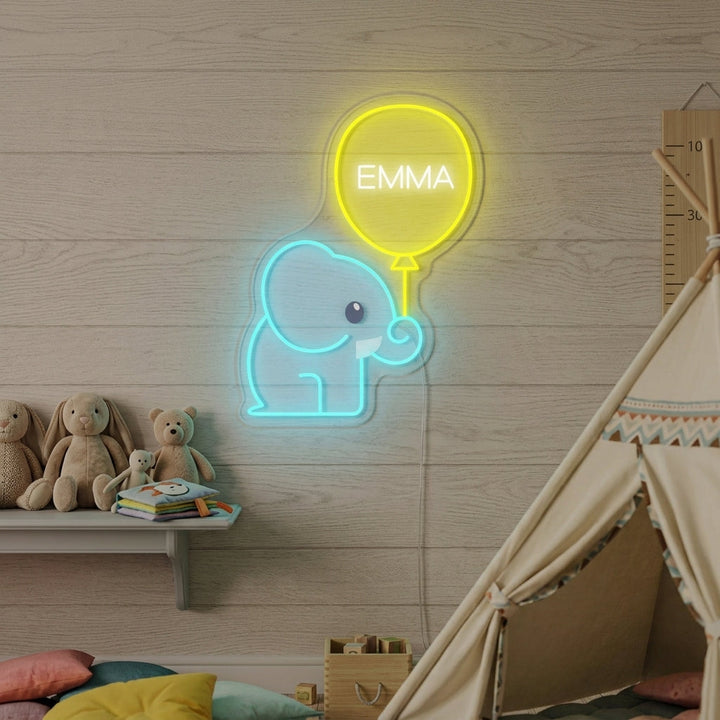 "Aangepaste Naam Met Olifant En Ballon, Kinderkamer Decor" Neon Verlichting