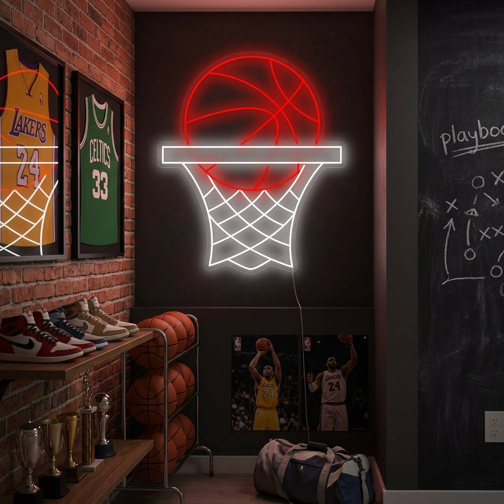 Neon LED basketbal en ring, sportkamerdecoratie.