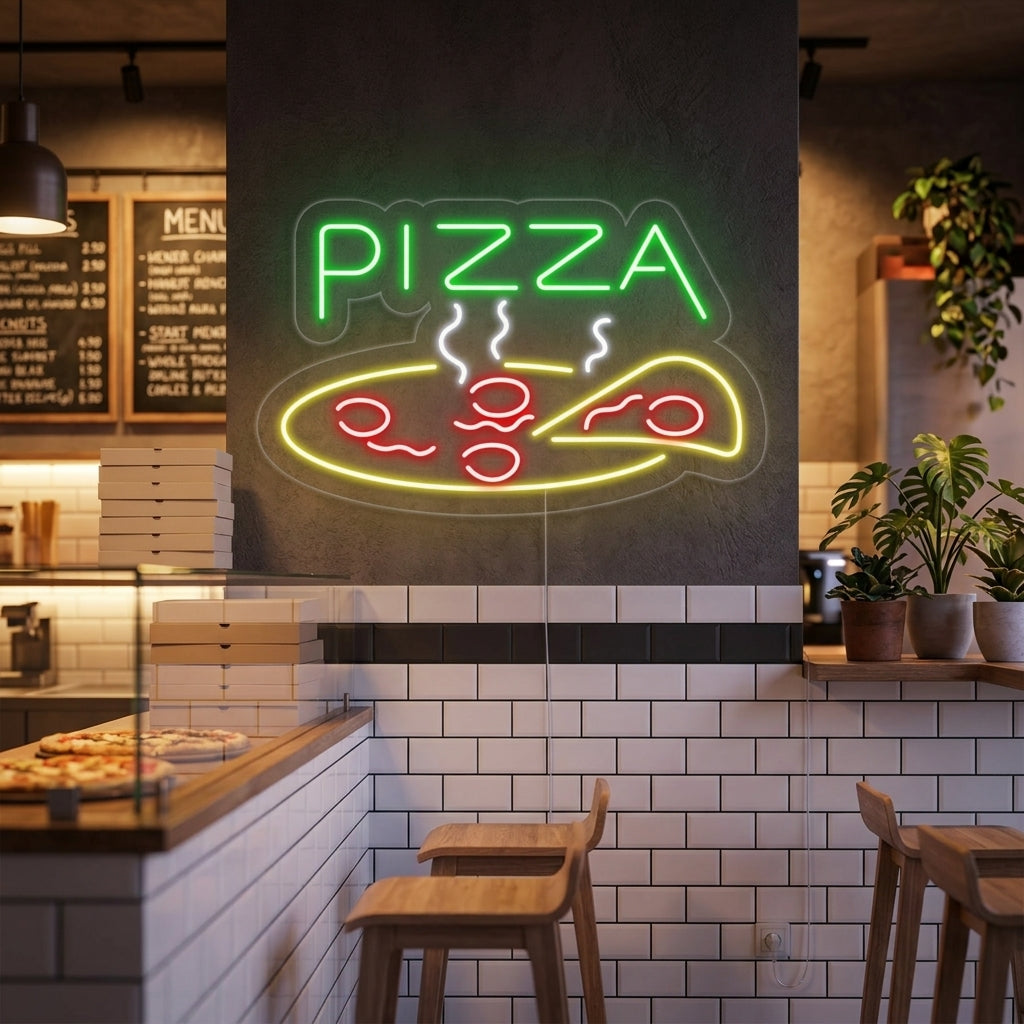 Neon LED-bord van kleurrijke, stomende pizzapunt, decoratie voor pizzeria of keuken.