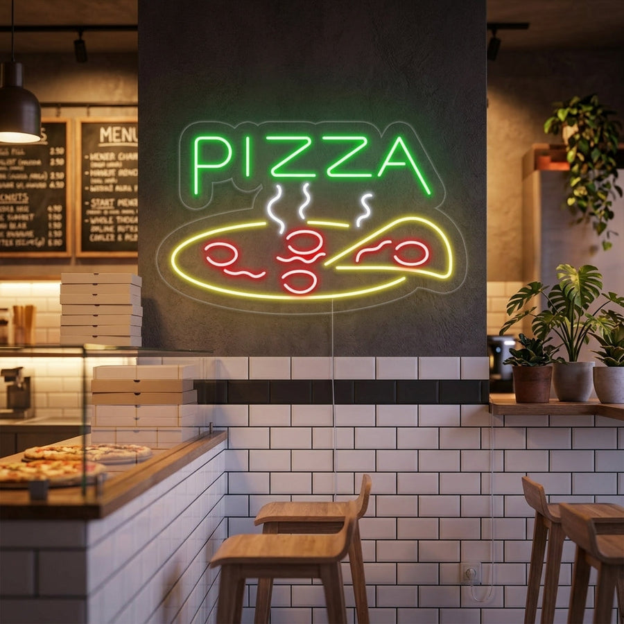 Neon LED-bord van kleurrijke, stomende pizzapunt, decoratie voor pizzeria of keuken.