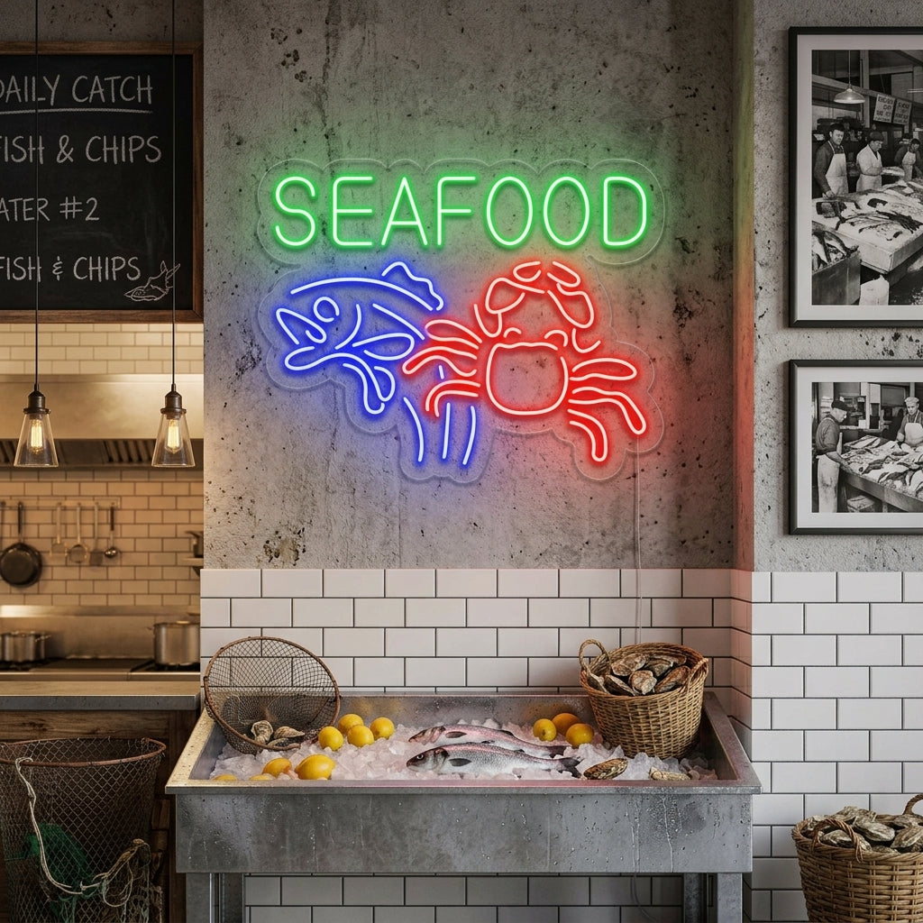 "Seafood, Krab, Vis" Neon Verlichting
