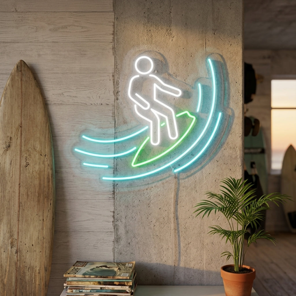 Surfer op groene plank met blauwe golven LED neon
