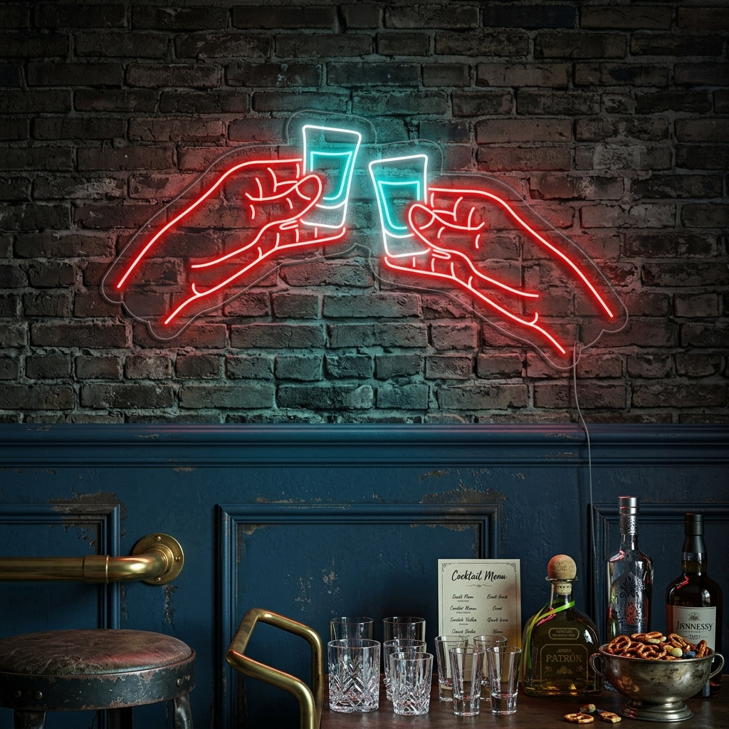 "Twee Handen Rinkelende Wodka of Tequila Shots Bar" Neon Verlichting
