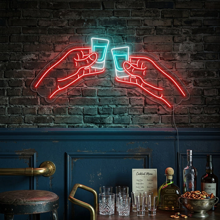 "Twee Handen Rinkelende Wodka of Tequila Shots Bar" Neon Verlichting