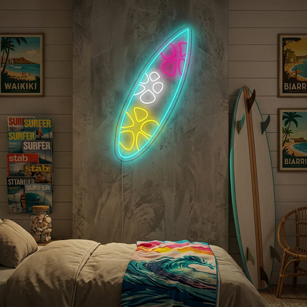 neon surfbord met bloemenpatroon