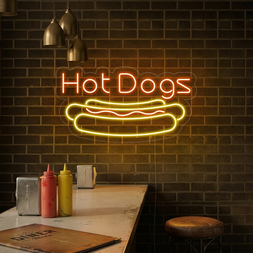 Hot Dogs tekst en hotdog icoon LED neon