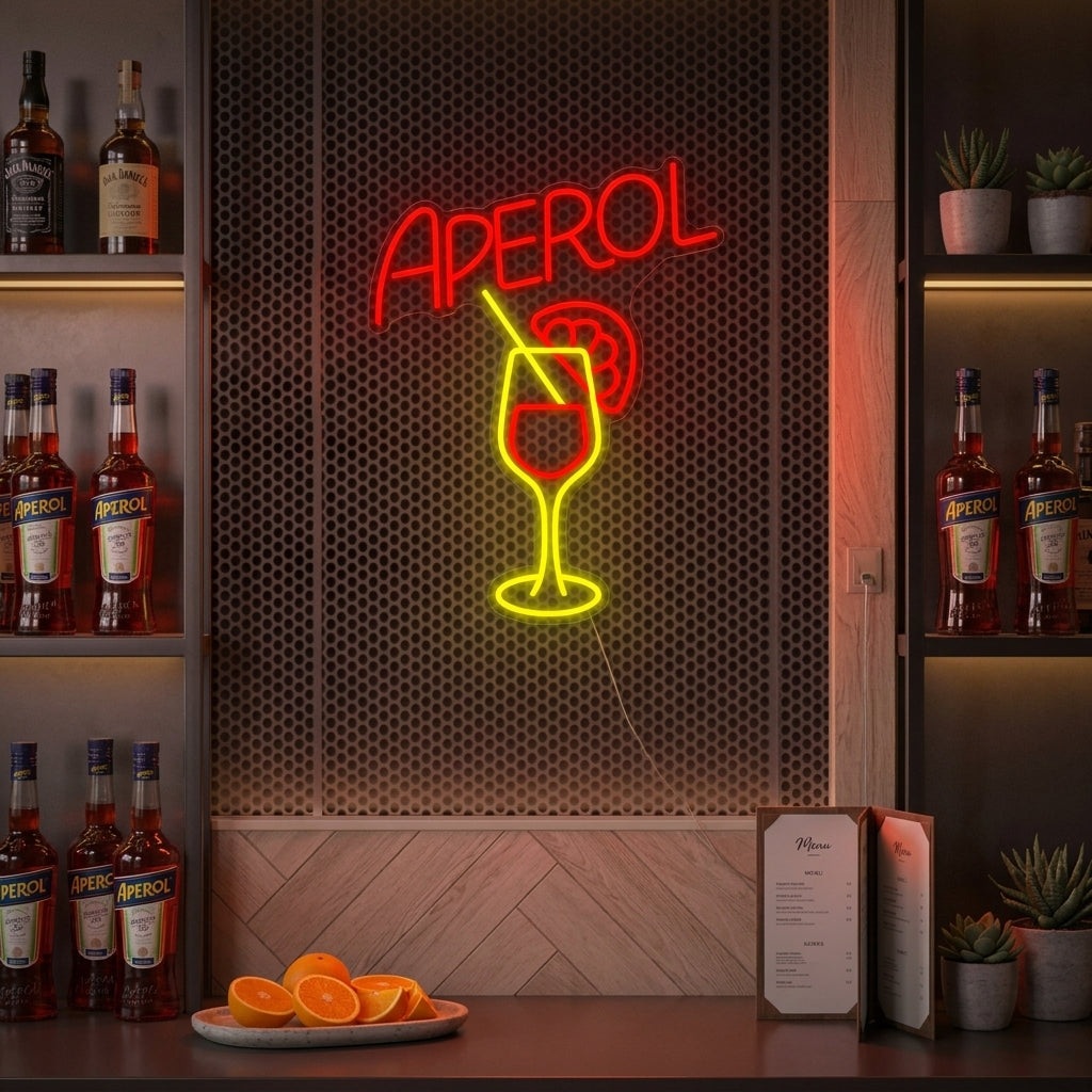 Neon LED Aperol cocktailbord, barverlichting.