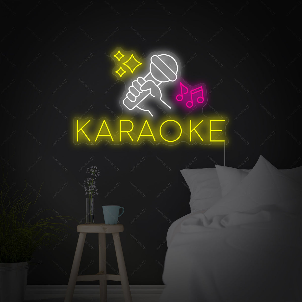 karaoke neon microfoon met muzieknoten