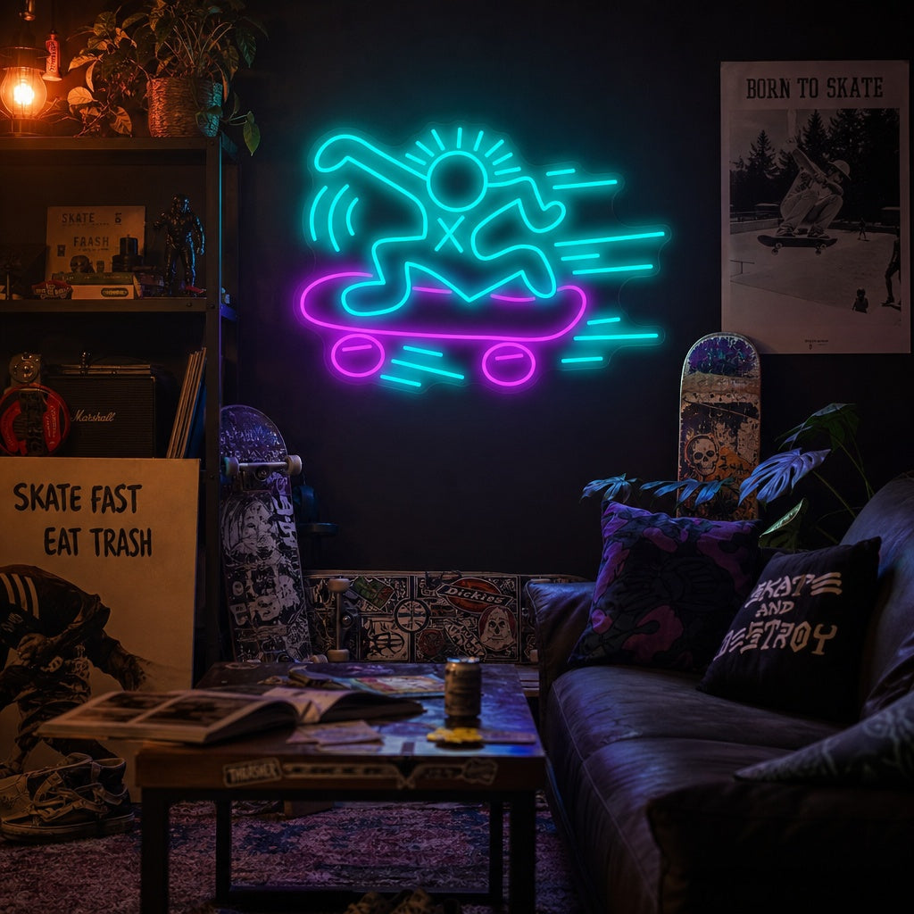 neon skater stickman op skateboard