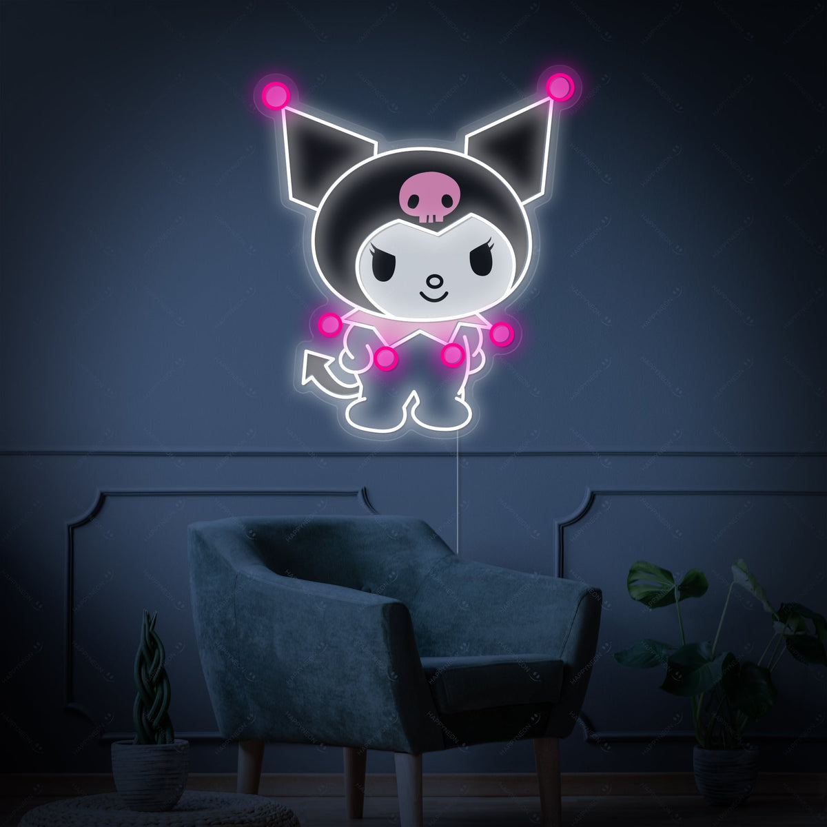 Neon LED Kuromi kawaii, schattige slaapkamerdecoratie.