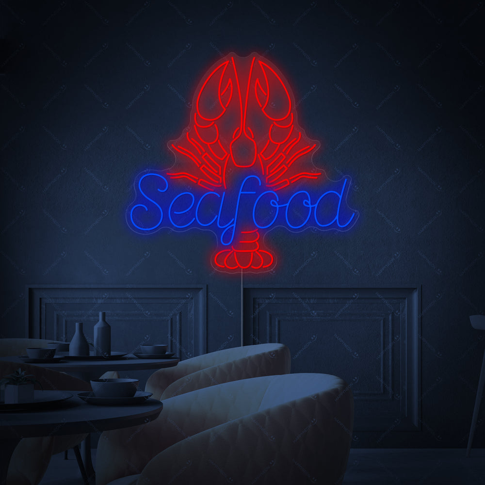 Neon LED-bord “Seafood” met rode garnaal, nautische decoratie.