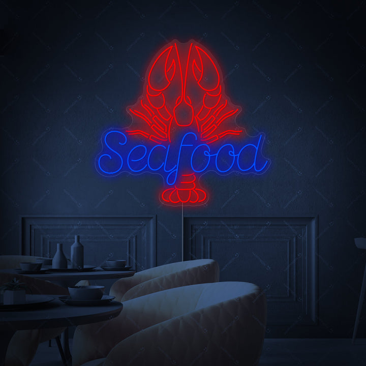 Neon LED-bord “Seafood” met rode garnaal, nautische decoratie.